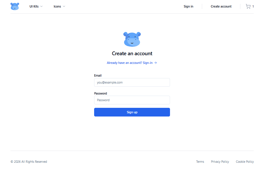 Sign-up screen in DigitalHippo