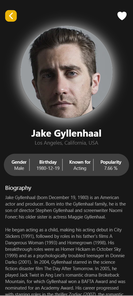 Actor profile screen in Movies React Native
