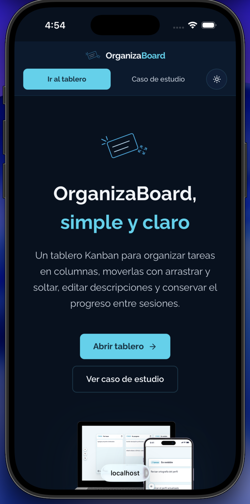 OrganizaBoard mobile landing screen