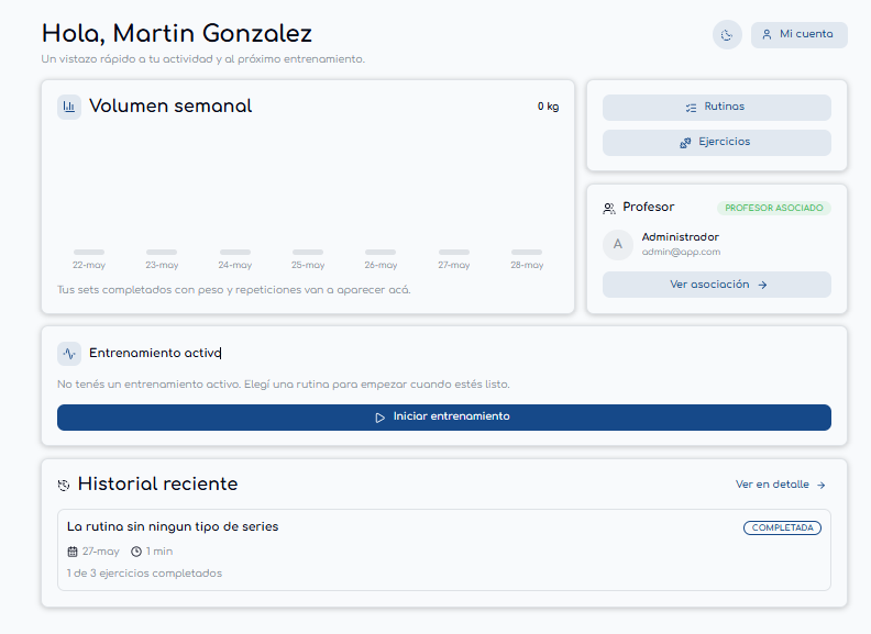 Dashboard desktop de Trainly